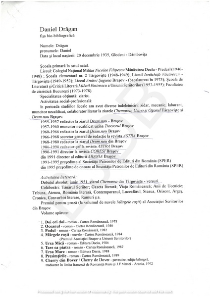 M-1313-1 - Fisa bio-bibliografica DRĂGAN DANIEL